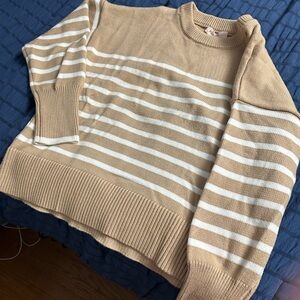 Philosophy Beige and White Striped Crewneck Sweater